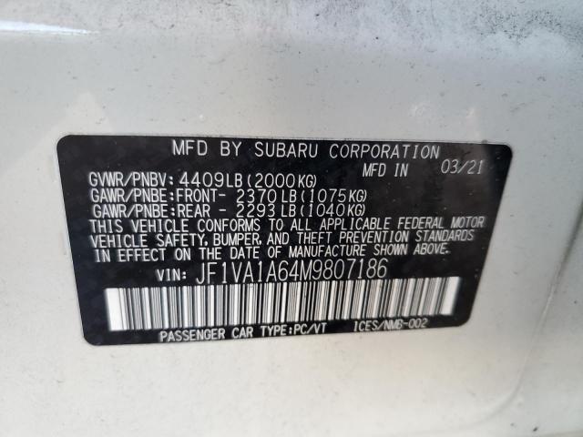 JF1VA1A64M9807186 - 2021 SUBARU WRX WHITE photo 10