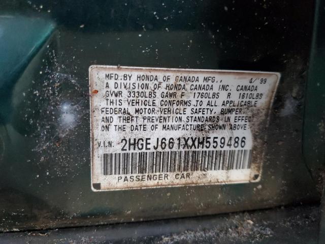 2HGEJ661XXH559486 - 1999 HONDA CIVIC BASE GREEN photo 10