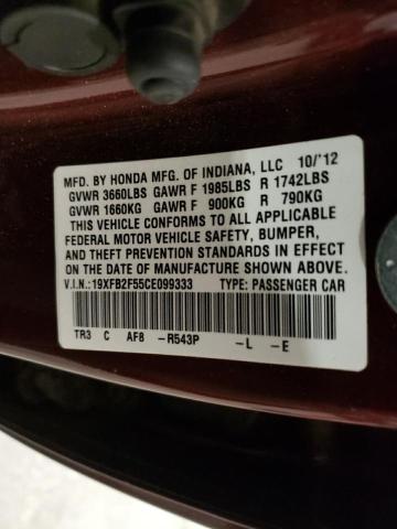 19XFB2F55CE099333 - 2012 HONDA CIVIC LX MAROON photo 10