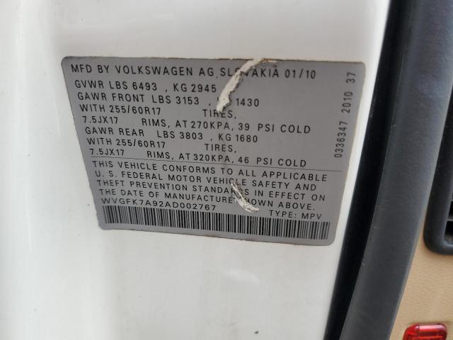 WVGFK7A92AD002767 - 2010 VOLKSWAGEN TOUAREG TD WHITE photo 10