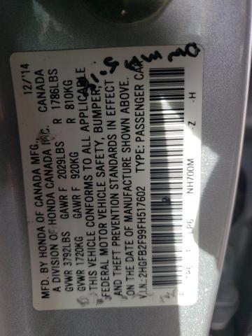 2HGFB2F99FH517602 - 2015 HONDA CIVIC EXL Gümüş foto 10