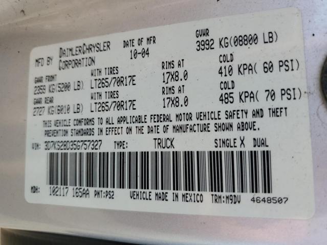 3D7KS28D35G757327 - 2005 DODGE RAM 2500 S SILVER photo 10