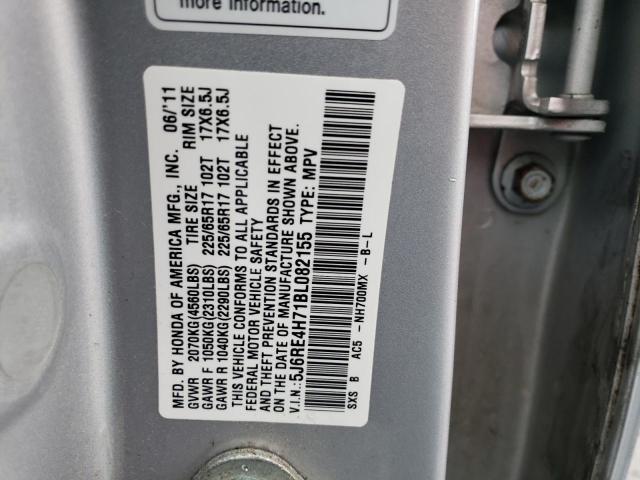 5J6RE4H71BL082155 - 2011 HONDA CR-V EXL SILVER photo 10