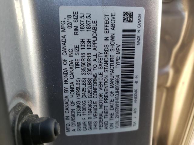 2HKRW1H80JH506664 - 2018 HONDA CR-V EXL SILVER photo 10