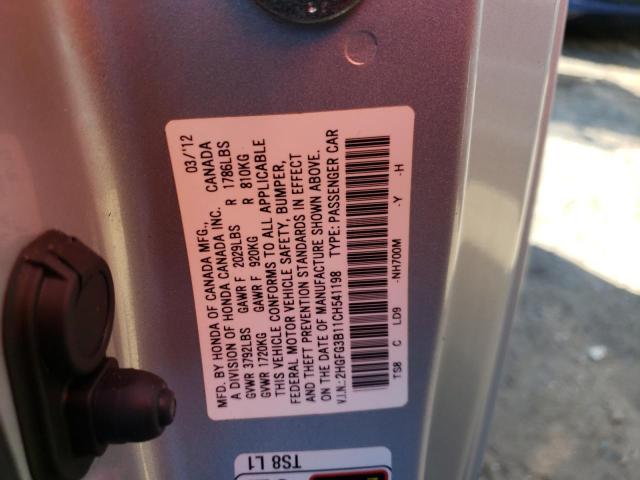 2HGFG3B11CH541198 - 2012 HONDA CIVIC EXL Srebrny zdjęcie 10