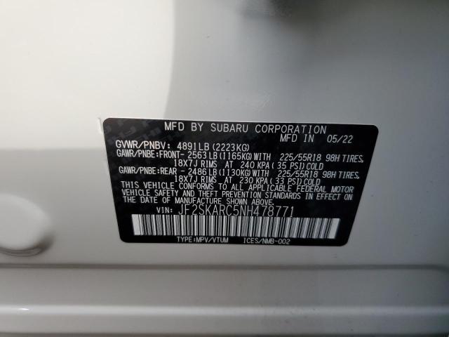 JF2SKARC5NH478771 - 2022 SUBARU FORESTER T WHITE photo 10