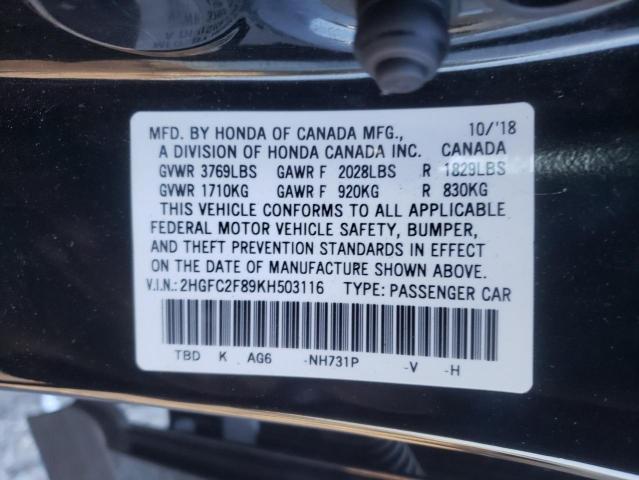 2HGFC2F89KH503116 - 2019 HONDA CIVIC SPOR BLACK photo 10