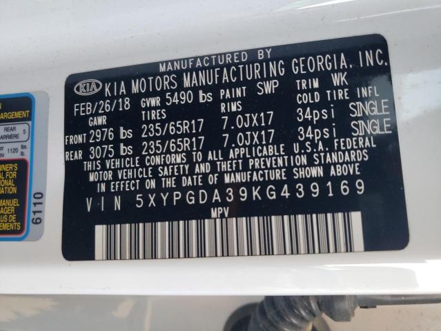 5XYPGDA39KG439169 - 2019 KIA SORENTO L WHITE photo 10