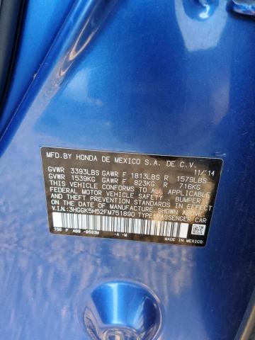 3HGGK5H52FM751890 - 2015 HONDA FIT LX BLUE photo 10