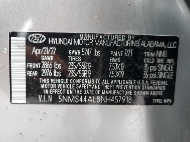 5NMS44AL8NH457918 - 2022 HYUNDAI SANTA FE L SILVER photo 10