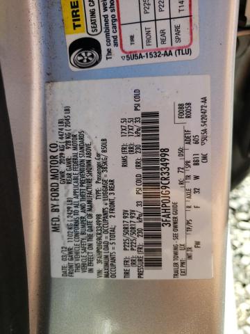 3FAHP0JG9CR334998 - 2012 FORD FUSION SEL SILVER photo 10