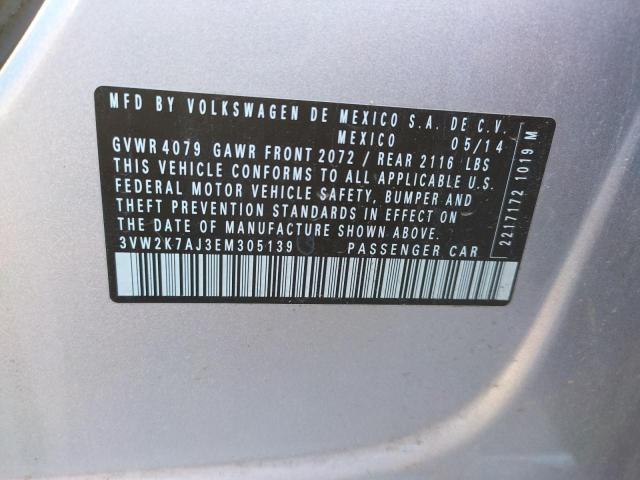 3VW2K7AJ3EM305139 - 2014 VOLKSWAGEN JETTA BASE SILVER photo 10