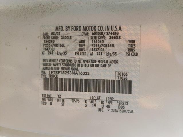 1FTRF18253NA16333 - 2003 FORD F150 WHITE photo 10