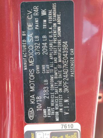 3KPF24AD7KE043984 - 2019 KIA FORTE FE RED photo 10