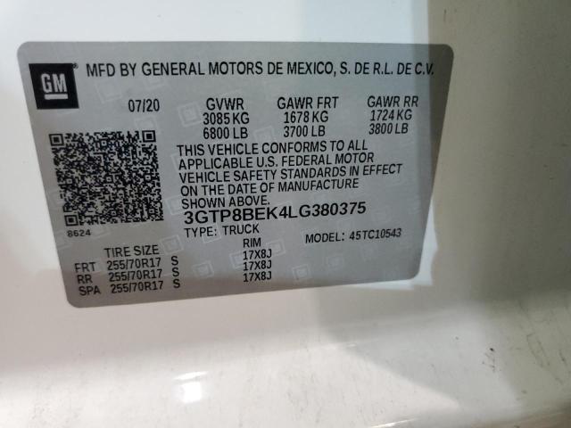 3GTP8BEK4LG380375 - 2020 GMC SIERRA C15 WHITE photo 10