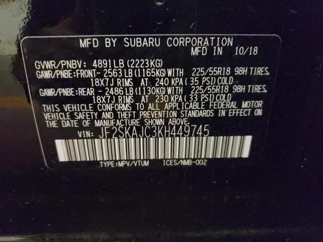 JF2SKAJC3KH449745 - 2019 SUBARU FORESTER S BLACK photo 10