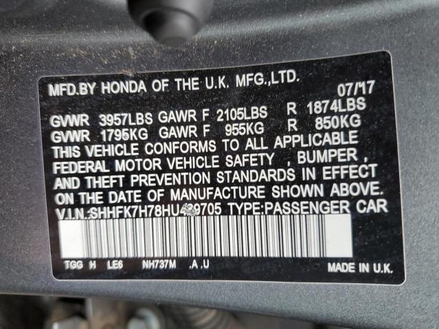 SHHFK7H78HU429705 - 2017 HONDA CIVIC EXL Grafitowy zdjęcie 10