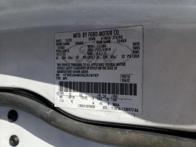 1FMEU648X6ZA16767 - 2006 FORD EXPLORER E WHITE photo 10