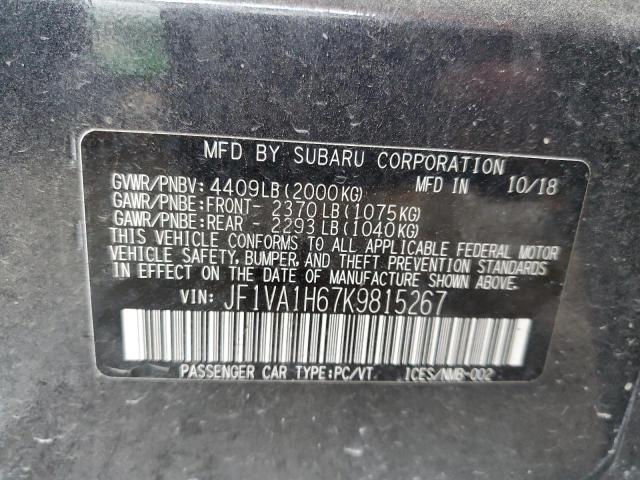 JF1VA1H67K9815267 - 2019 SUBARU WRX LIMITE GRAY photo 10