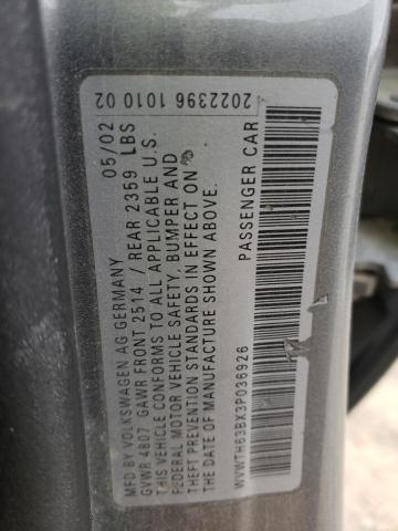 WVWTH63BX3P036926 - 2003 VOLKSWAGEN PASSAT GLX Boz foto 10