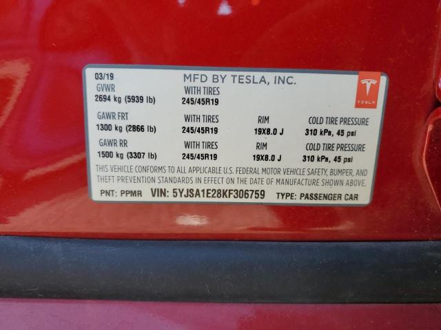 5YJSA1E28KF306759 - 2019 TESLA MODEL S Rojo foto 10