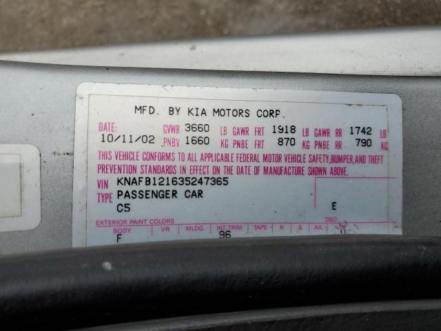 KNAFB121635247365 - 2003 KIA SPECTRA BA SILVER photo 10