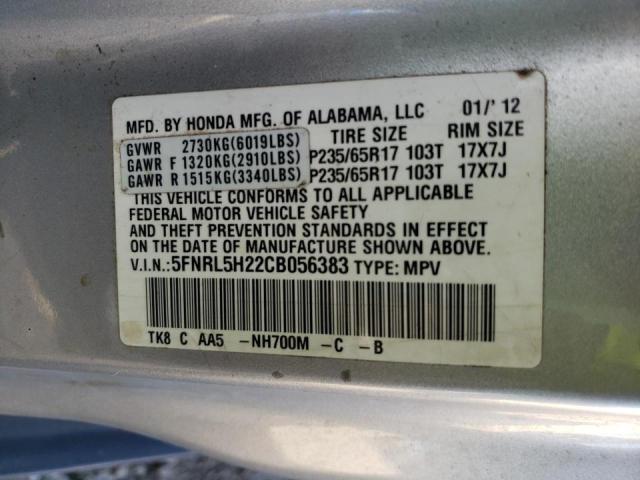 5FNRL5H22CB056383 - 2012 HONDA ODYSSEY LX SILVER photo 10