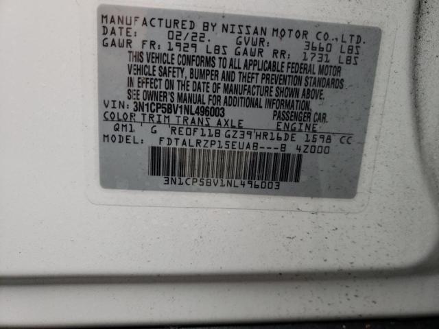 3N1CP5BV1NL496003 - 2022 NISSAN KICKS S WHITE photo 10