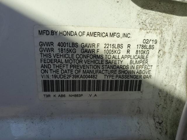 19UDE2F39KA004482 - 2019 ACURA ILX WHITE photo 10