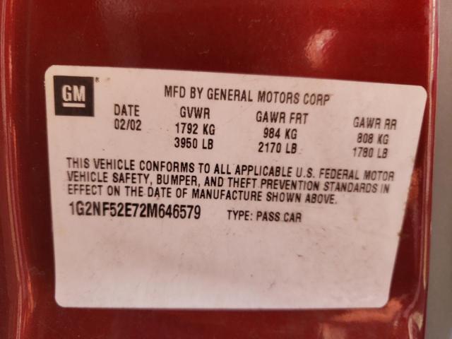 1G2NF52E72M646579 - 2002 PONTIAC GRAND AM S MAROON photo 10