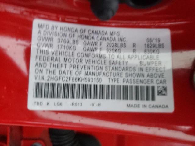 2HGFC2F88KH593150 - 2019 HONDA CIVIC SPOR 红色 照片 10