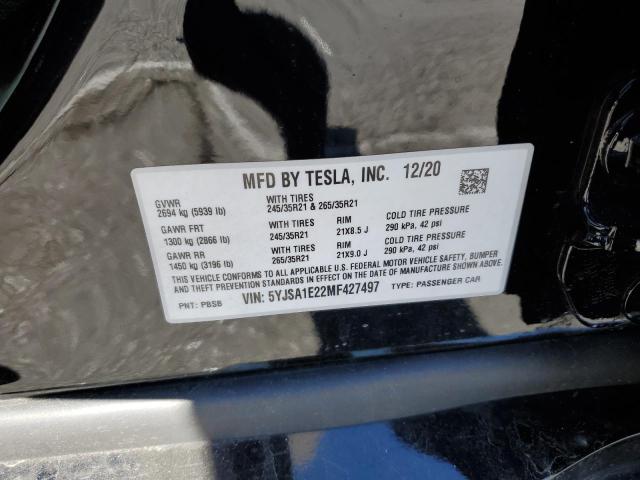 5YJSA1E22MF427497 - 2021 TESLA MODEL S Սև լուսանկար 10