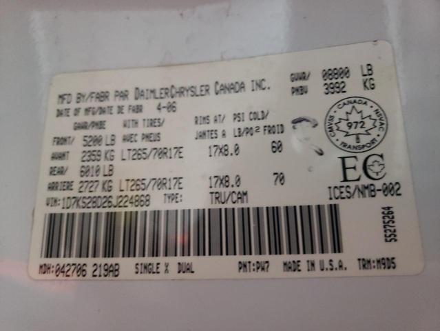 1D7KS28D26J224868 - 2006 DODGE RAM 2500 S WHITE photo 10