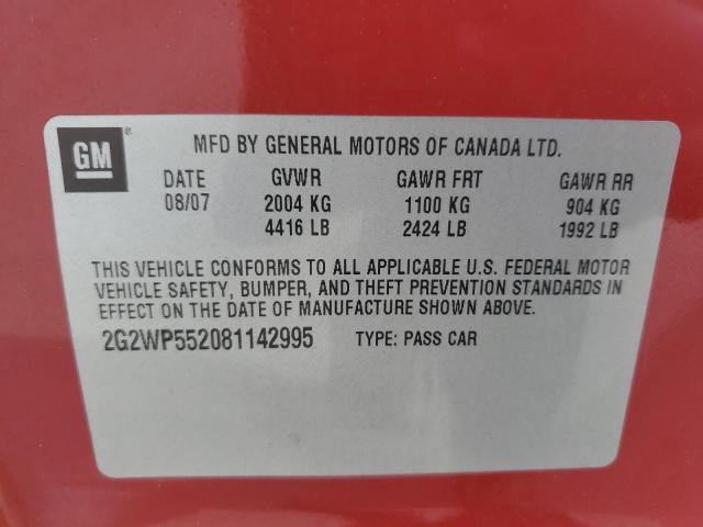 2G2WP552081142995 - 2008 PONTIAC GRAND PRIX 红色 照片 10