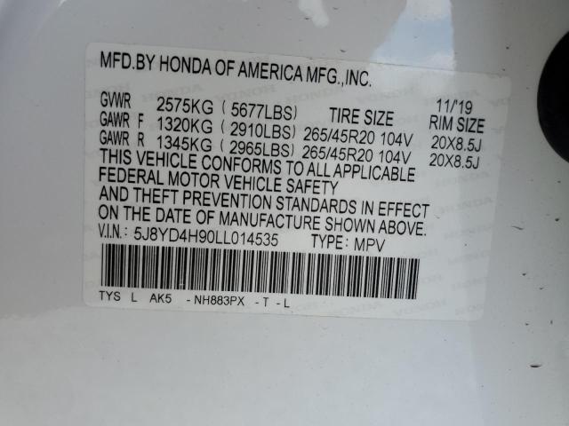 5J8YD4H90LL014535 - 2020 ACURA MDX ADVANC WHITE photo 10