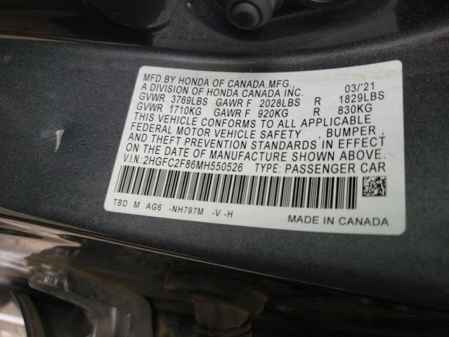 2HGFC2F86MH550526 - 2021 HONDA CIVIC SPOR CHARCOAL photo 10