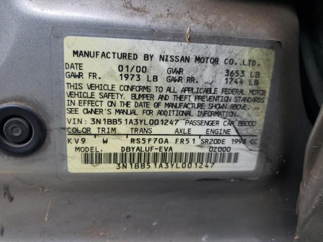 3N1BB51A3YL001247 - 2000 NISSAN SENTRA SE SILVER photo 12