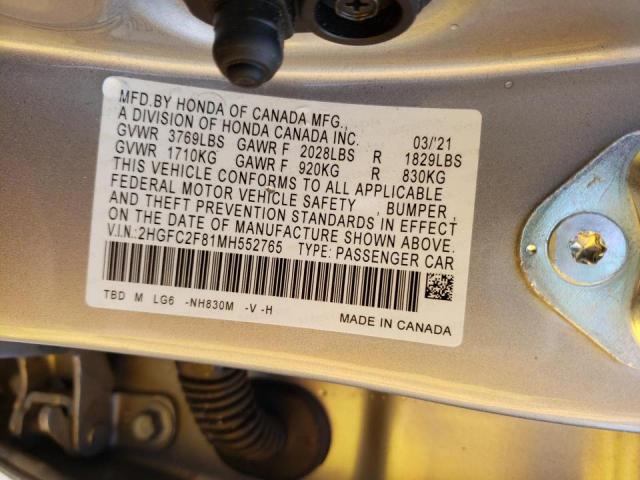 2HGFC2F81MH552765 - 2021 HONDA CIVIC SPOR SILVER photo 10