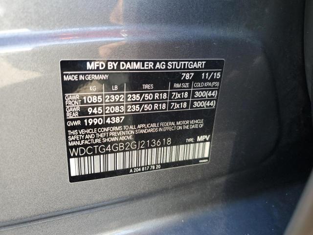 WDCTG4GB2GJ213618 - 2016 MERCEDES-BENZ GLA 250 4M GRAY photo 12