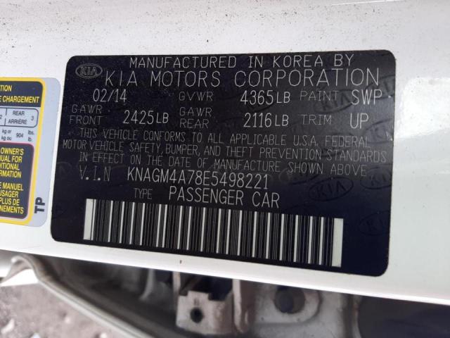 KNAGM4A78E5498221 - 2014 KIA OPTIMA WHITE photo 10