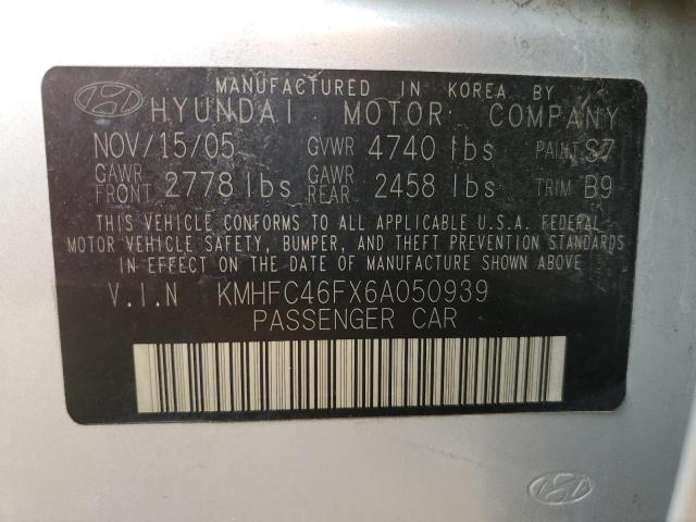 KMHFC46FX6A050939 - 2006 HYUNDAI AZERA SE SILVER photo 10