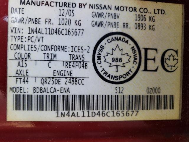 1N4AL11D46C165677 - 2006 NISSAN ALTIMA S RED photo 10