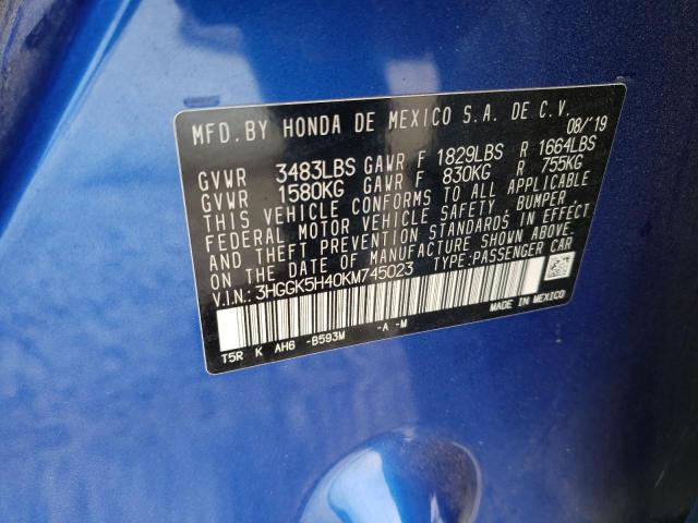 3HGGK5H40KM745023 - 2019 HONDA FIT LX BLUE photo 10