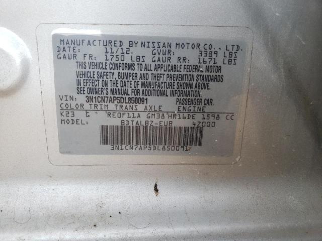 3N1CN7AP5DL850091 - 2013 NISSAN VERSA S SILVER photo 10