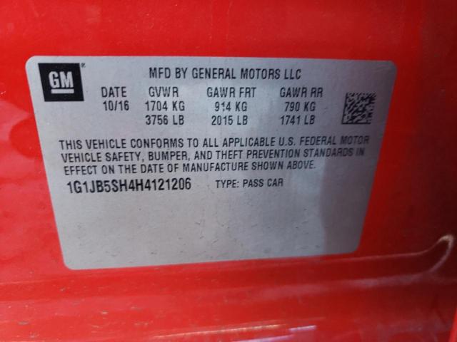 1G1JB5SH4H4121206 - 2017 CHEVROLET SONIC LS RED photo 10