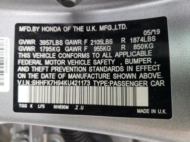 SHHFK7H94KU421173 - 2019 HONDA CIVIC SPOR 银色 照片 10