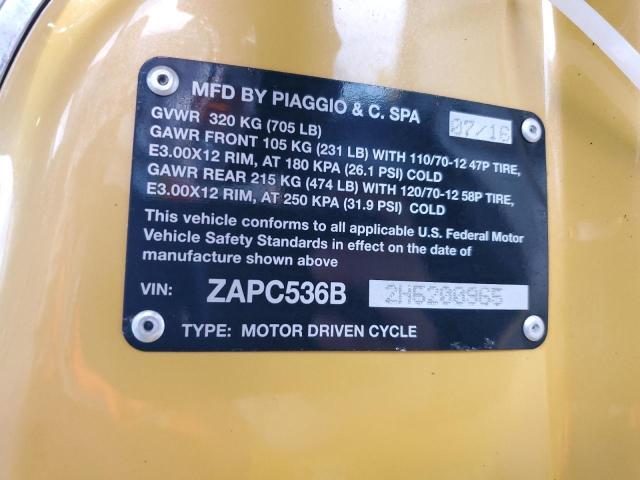 ZAPC536B2H5200965 - 2017 VESPA PRIMAVERA YELLOW photo 10