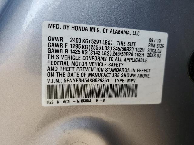 5FNYF8H54KB029361 - 2019 HONDA PASSPORT E 银色 照片 10