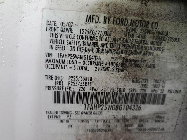 1FAHP25W08G104326 - 2008 FORD TAURUS LIM WHITE photo 10