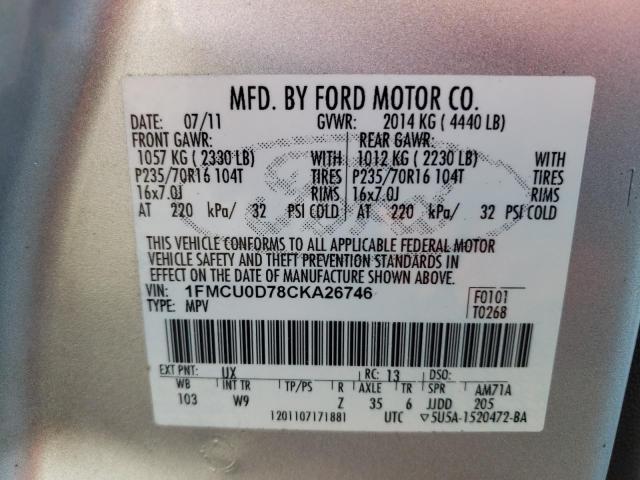 1FMCU0D78CKA26746 - 2012 FORD ESCAPE XLT SILVER photo 10